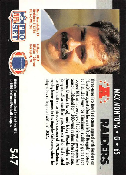 NFL Pro Set trading card featuring Max Montoya of the Los Angeles Raiders from the 1990s