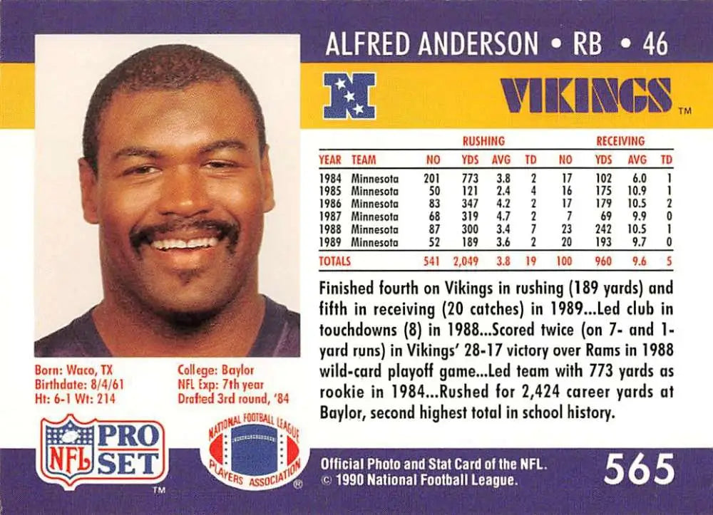 NFL Pro Set football trading card of Alfred Anderson, Minnesota Vikings player number 46