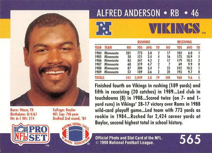 NFL Pro Set football trading card of Alfred Anderson, Minnesota Vikings player number 46