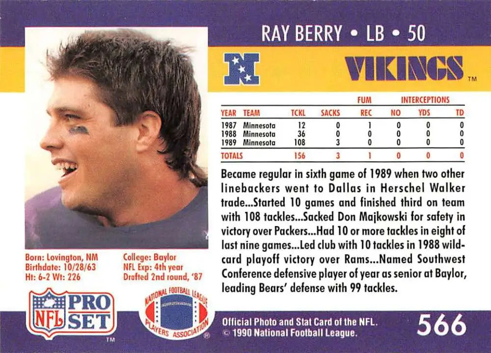 1990 Pro Set Ray Berry Football Card featuring Minnesota Vikings linebacker number 50