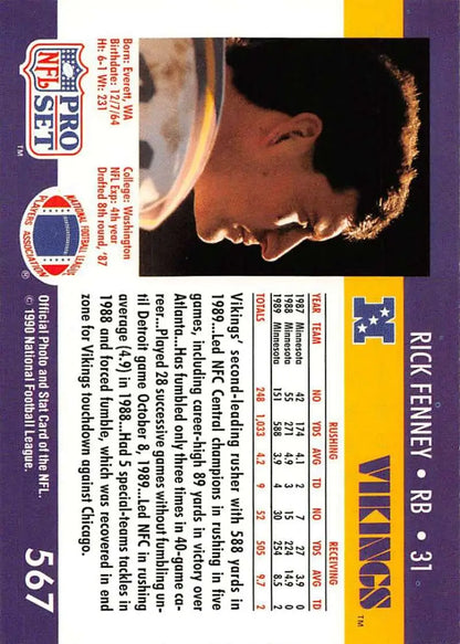 Pro Set NFL trading card of Rick Fenney, Minnesota Vikings, from 1991