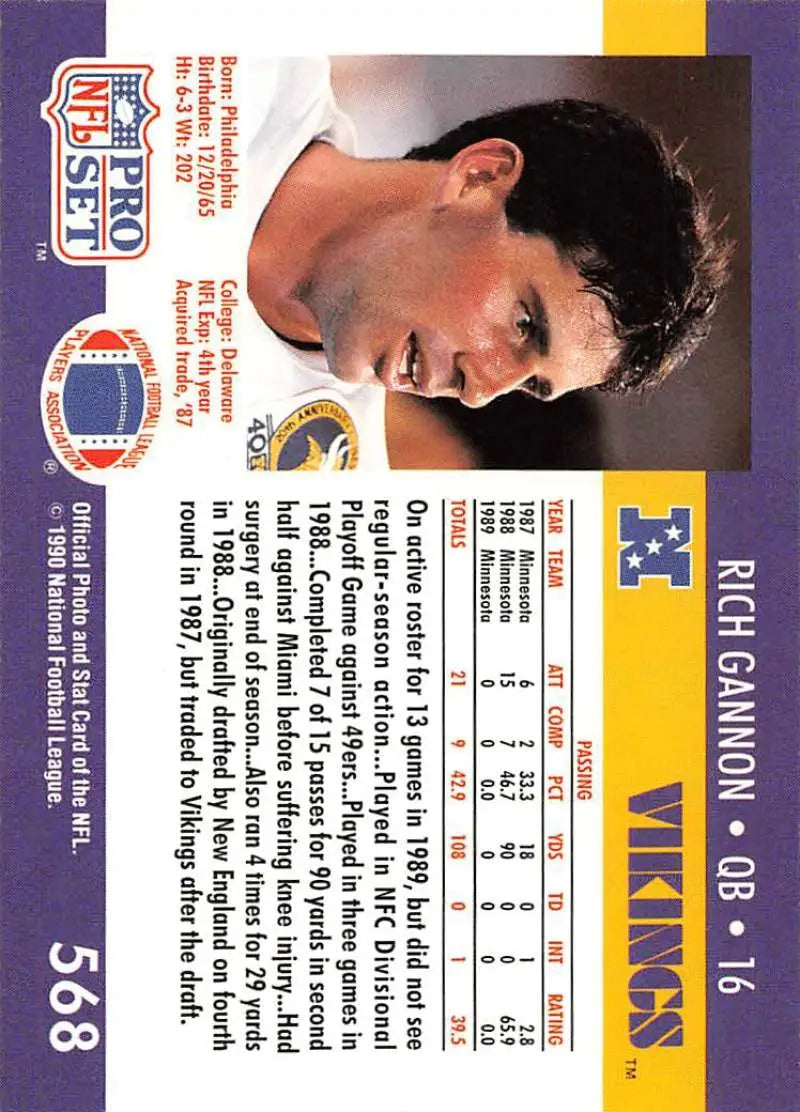 NFL Pro Set trading card of Rich Gannon, Minnesota Vikings rookie from 1990