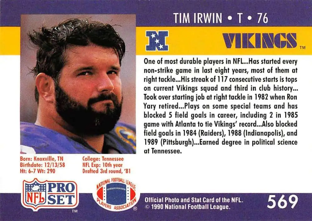 Tim Irwin Pro Set football trading card featuring Minnesota Vikings player number 76