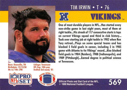 Tim Irwin Pro Set football trading card featuring Minnesota Vikings player number 76