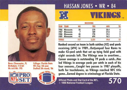 1990 Pro Set #570 Hassan Jones Football Card featuring Minnesota Vikings Wide Receiver