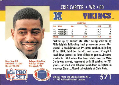 Cris Carter 1990 Pro Set football card featuring Minnesota Vikings wide receiver 80