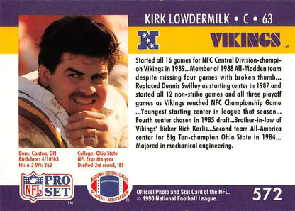 NFL trading card of Kirk Lowdermilk in Minnesota Vikings jersey #63, 1990 Pro Set