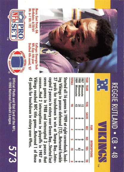 NFL Pro Set football card of Reggie Rutland from the Minnesota Vikings 1990 season