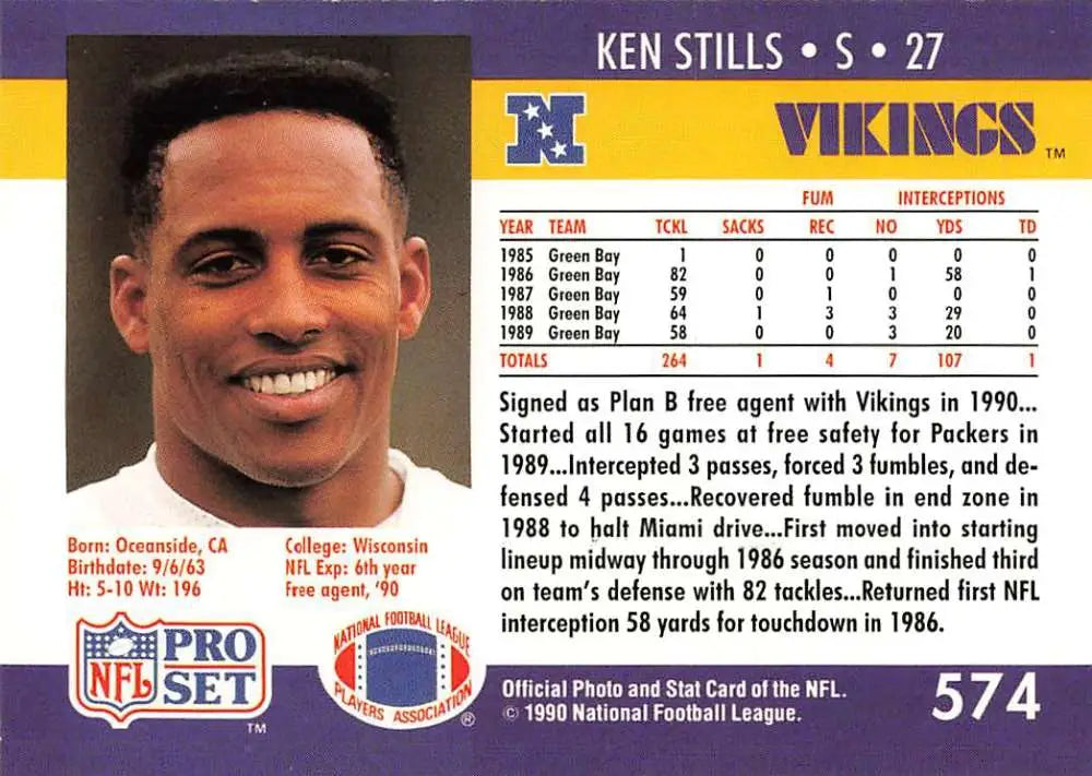 Ken Stills 1990 Pro Set Rookie Minnesota Vikings Football Card NM-MT condition