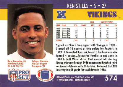 Ken Stills 1990 Pro Set Rookie Minnesota Vikings Football Card NM-MT condition