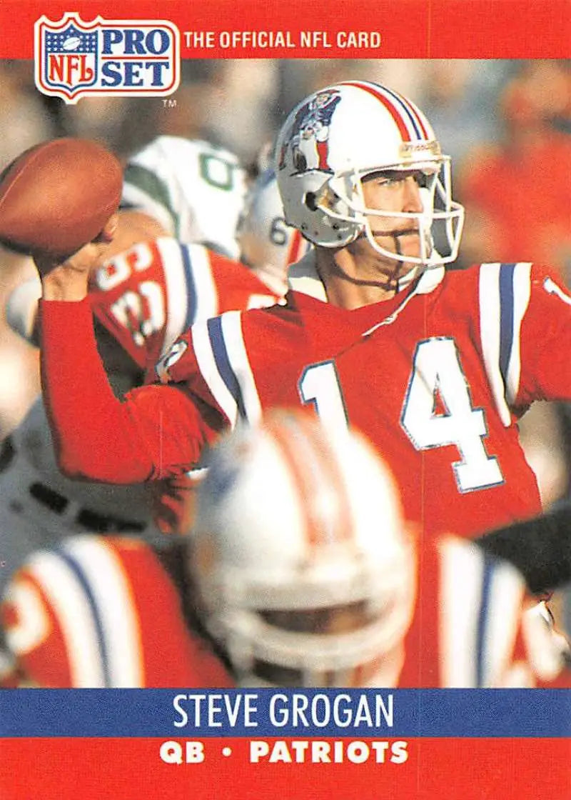 NFL Pro Set card of Steve Grogan, New England Patriots quarterback in red jersey