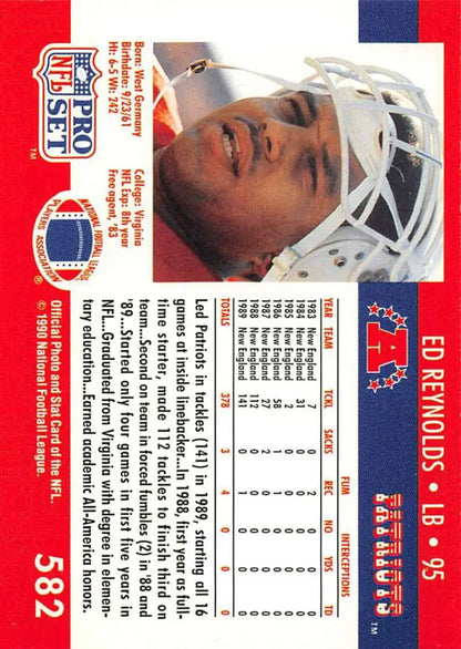 1990 Pro Set Ed Reynolds New England Patriots football card with player in white helmet