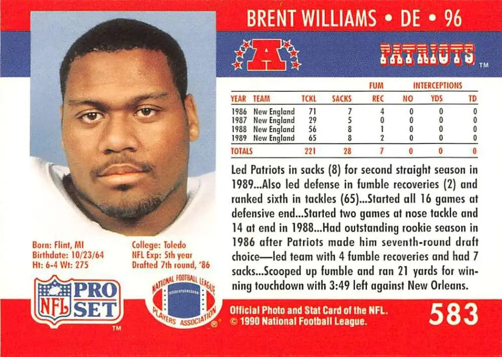 1990 Pro Set Brent Williams football card featuring New England Patriots defensive player