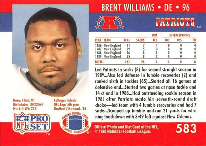 1990 Pro Set Brent Williams football card featuring New England Patriots defensive player