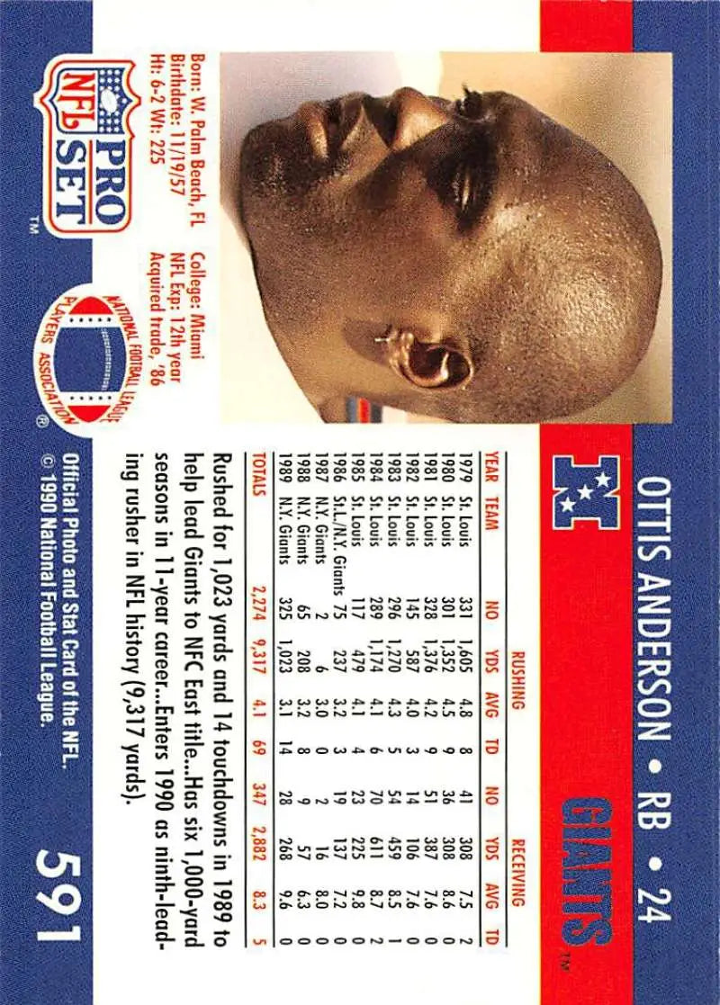 NFL Pro Set trading card of Ottis Anderson, New York Giants football card from 1990