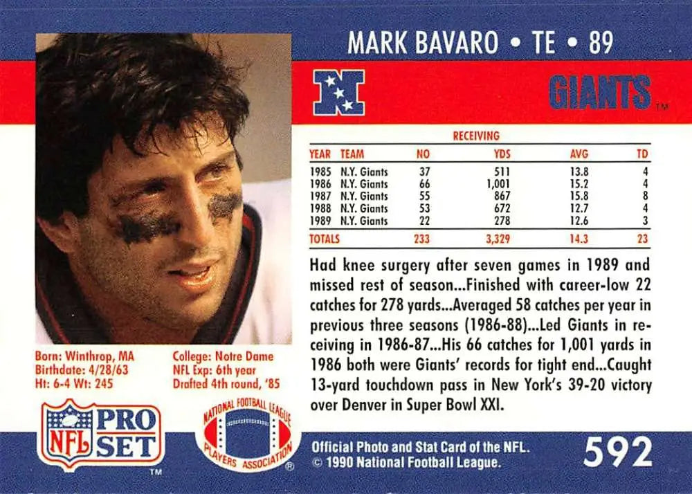 Mark Bavaro New York Giants football card from 1990 Pro Set, NM-MT condition