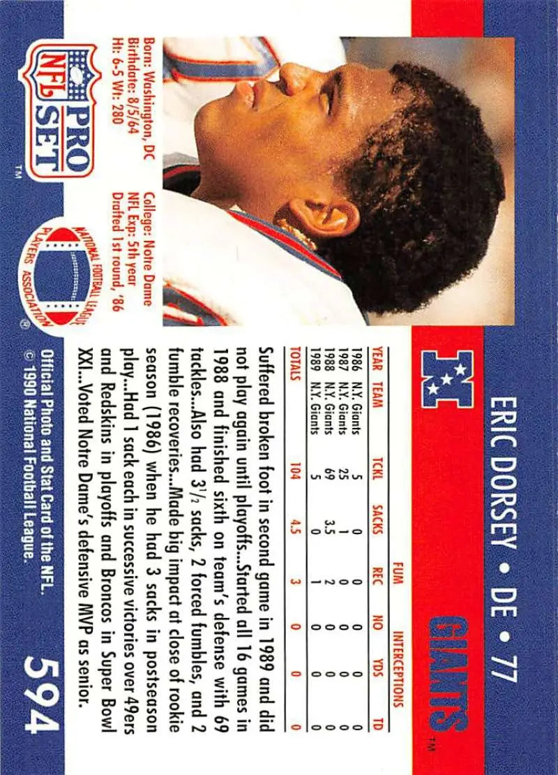 1990 NFL Pro Set Football Card of Eric Dorsey, New York Giants Rookie