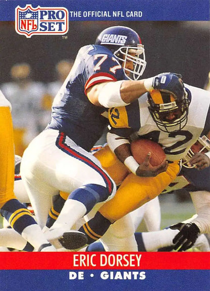 NFL trading card of Eric Dorsey in defensive play for New York Giants against Rams