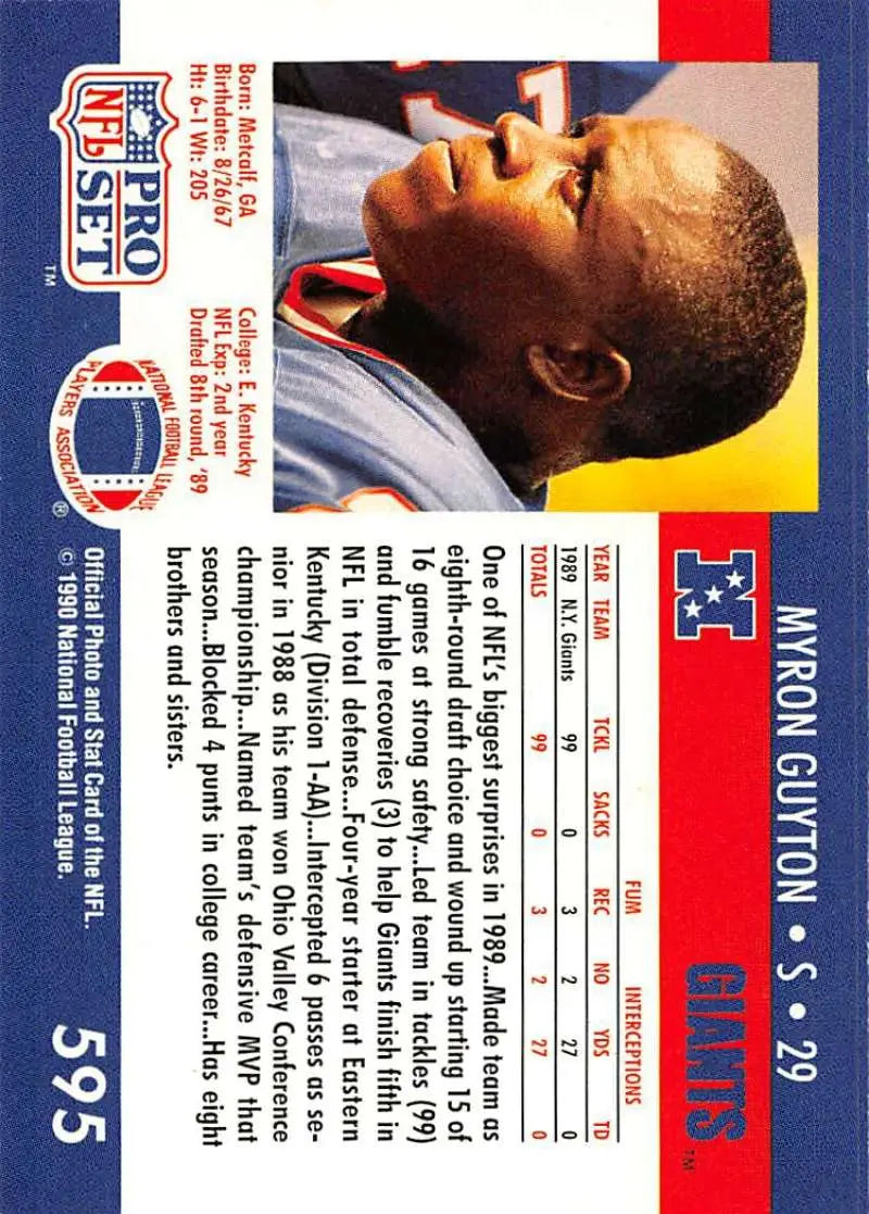 NFL Pro Set Myron Guyton New York Giants football card from the early 1990s