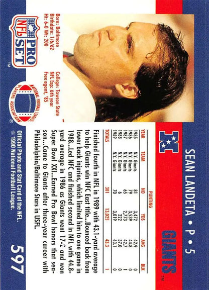 NFL Pro Set trading card of Sean Landeta from the New York Giants football team