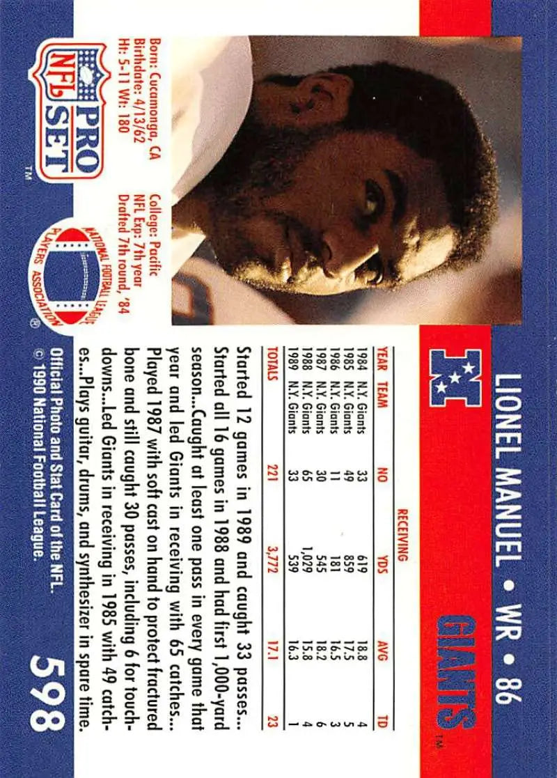 Lionel Manuel 1990 Pro Set Football Card with red and blue design and player stats