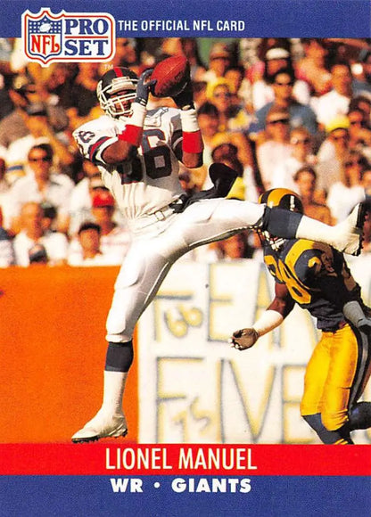 1990 Pro Set football card of Lionel Manuel catching a pass against a Steelers defender