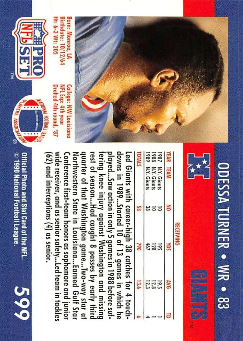 NFL Pro Set trading card of Odessa Turner from the New York Giants Football team