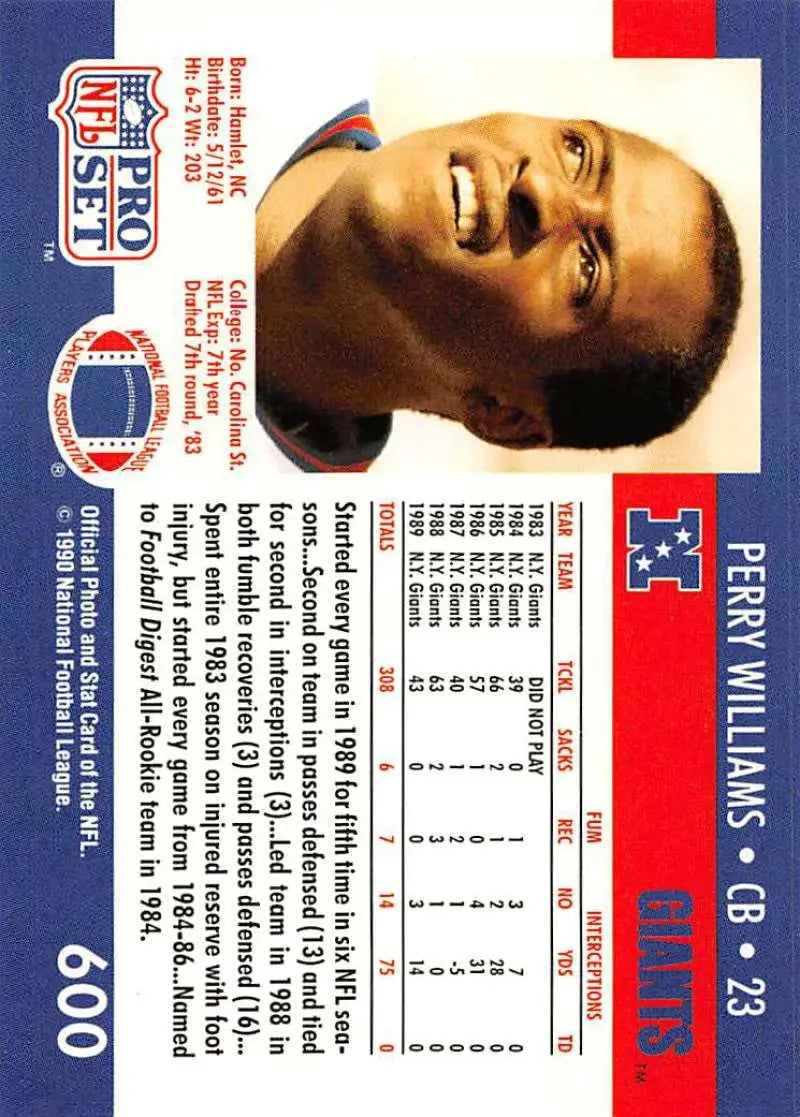 NFL Pro Set trading card of Perry Williams from the New York Giants