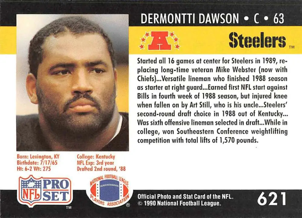 NFL trading card of Dermontti Dawson from the 1990 Pro Set Pittsburgh Steelers collection