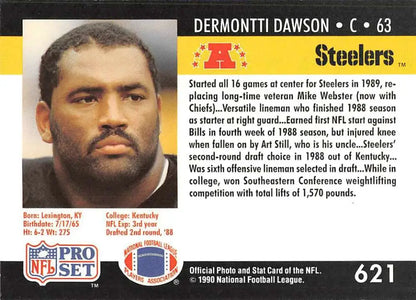 NFL trading card of Dermontti Dawson from the 1990 Pro Set Pittsburgh Steelers collection