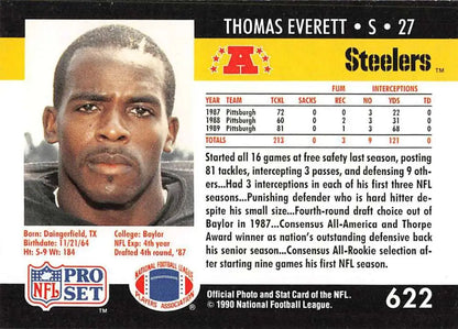 NFL Pro Set trading card of Thomas Everett, Pittsburgh Steelers football card from 1990