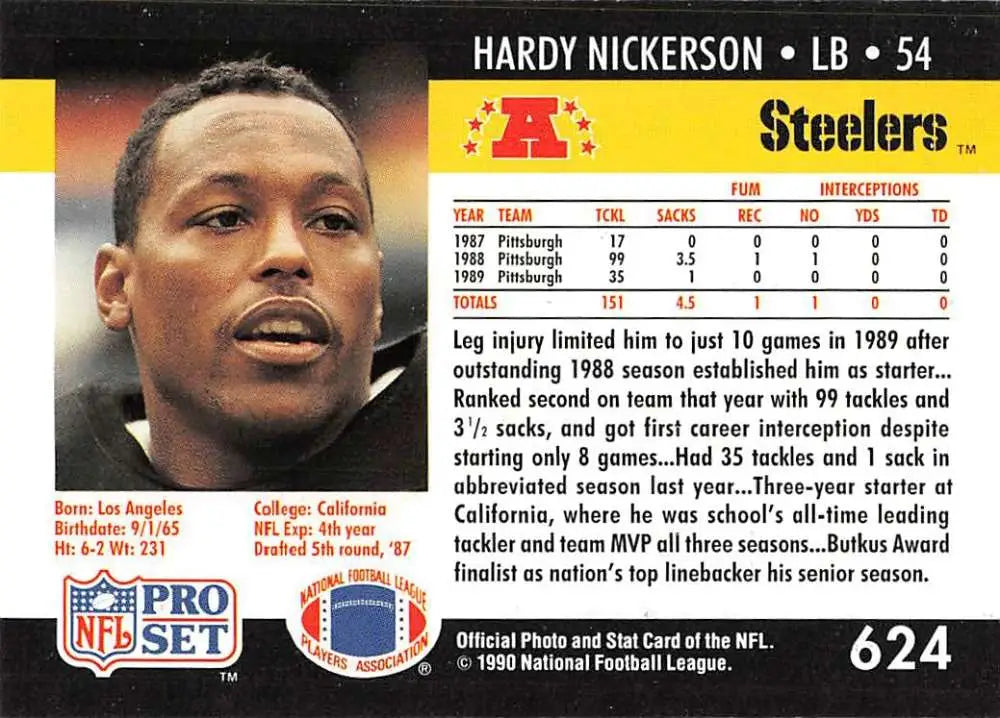 NFL Pro Set trading card of Hardy Nickerson, Pittsburgh Steelers linebacker