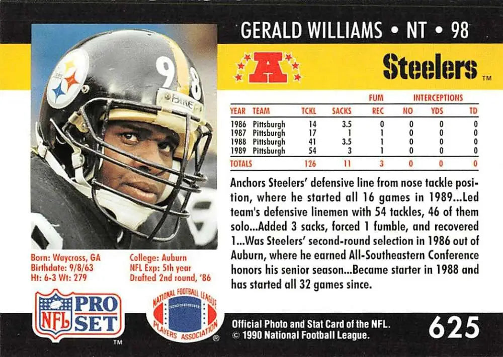 NFL trading card of rookie Pittsburgh Steelers player Gerald Williams in black and gold helmet