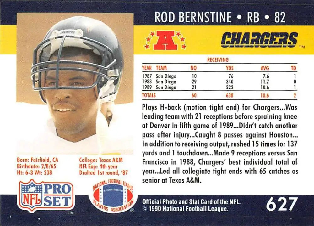 Rod Bernstine San Diego Chargers trading card from 1990 Pro Set featuring number 82