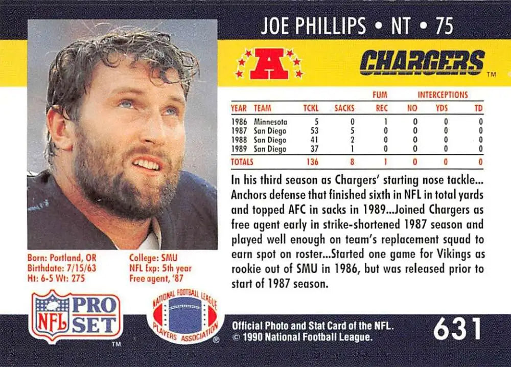 Joe Phillips San Diego Chargers NFL trading card from 1990 Pro Set collection