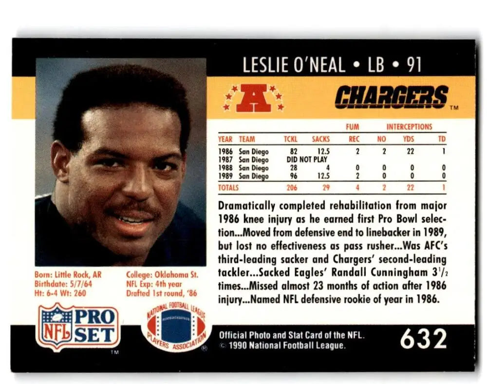 NFL Pro Set football card of Leslie O’Neal from the San Diego Chargers in 1991