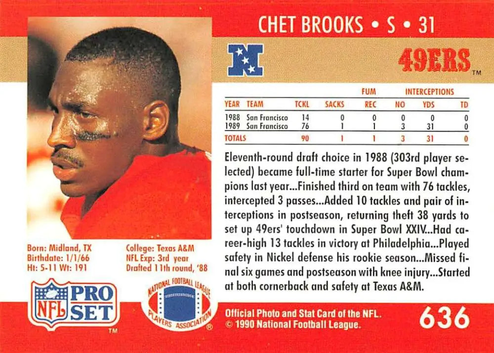 NFL trading card of Chet Brooks, San Francisco 49ers player, on red background