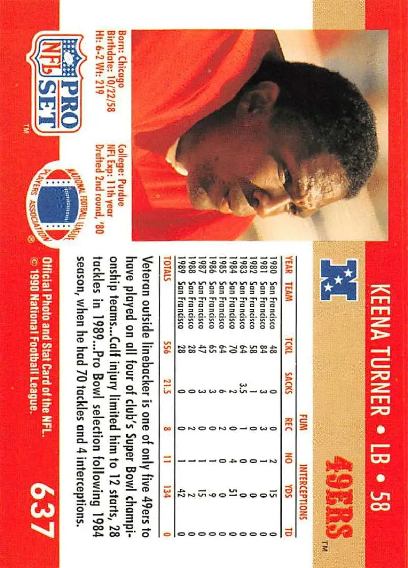 1990 Pro Set trading card of Keena Turner from the San Francisco 49ers football team