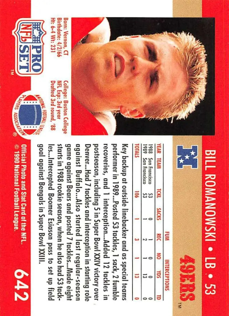 NFL Pro Set 1990 Bill Romanowski Rookie Card with red border for San Francisco 49ers fans