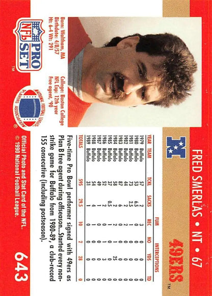 NFL Pro Set 1990 Football Card featuring Fred Smerlas for San Francisco 49ers