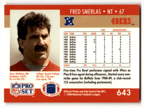 Fred Smerlas 1990 Pro Set football card in original gloss, Near Mint condition