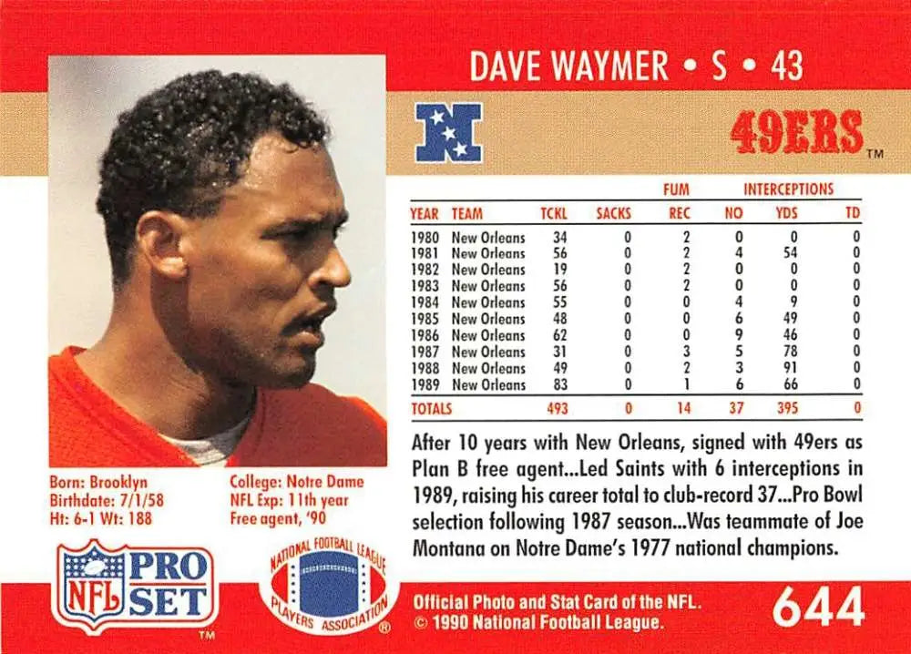 NFL football card of Dave Waymer showcasing San Francisco 49ers stats and biography