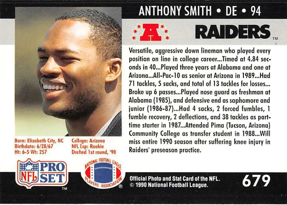 NFL trading card of Anthony Smith, Los Angeles Raiders defensive end from 1994