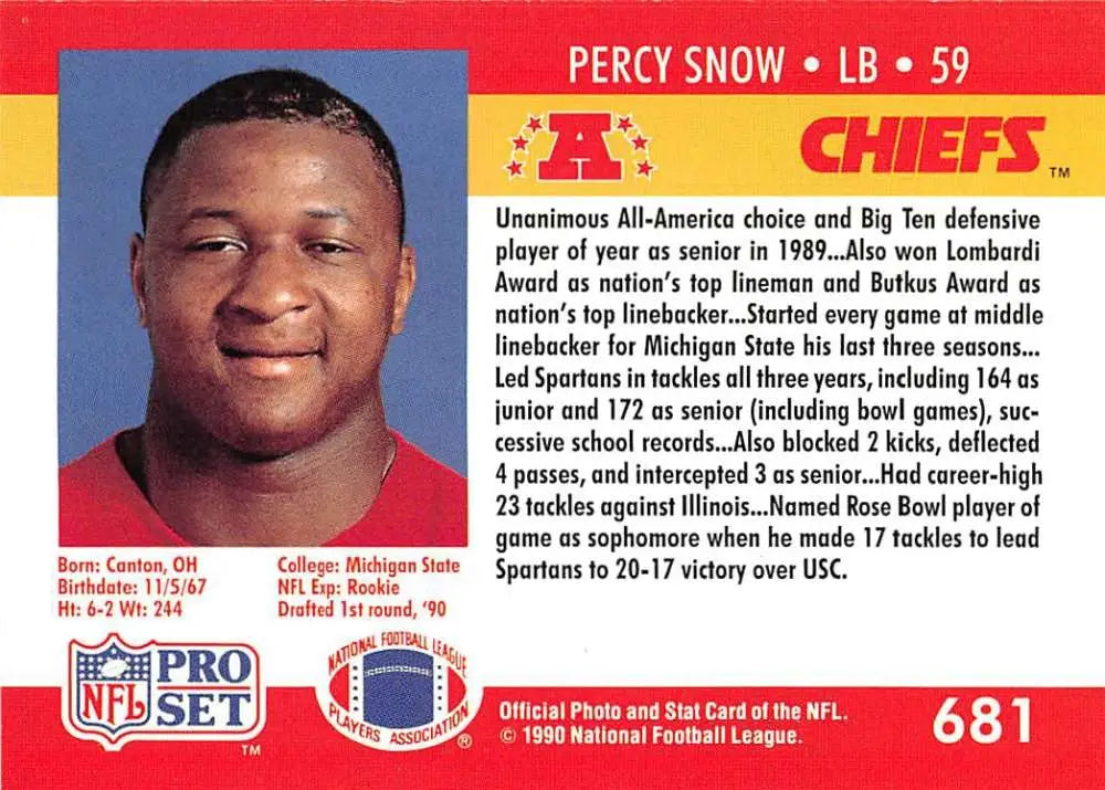 1990 Pro Set #681 Percy Snow Kansas City Chiefs Football Card NM-MT Condition