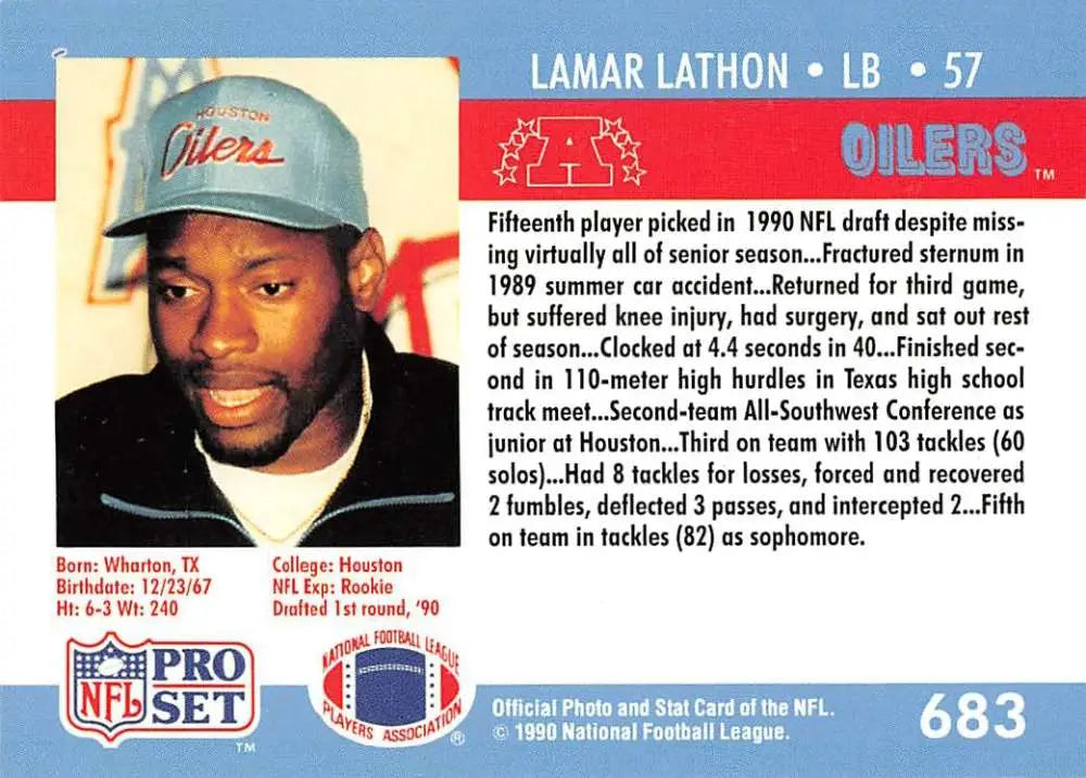 1990 Pro Set Lamar Lathon Rookie Card featuring Houston Oilers player number 57