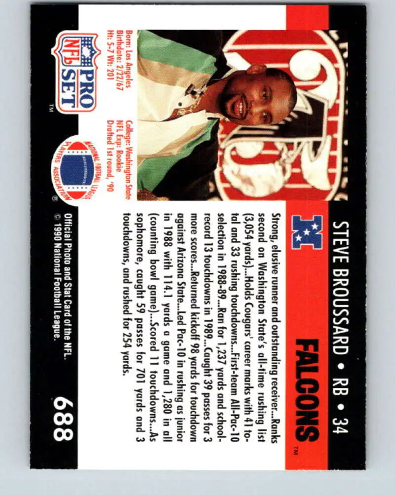 NFL trading card of Steve Broussard in green and white Atlanta Falcons Pro Set uniform