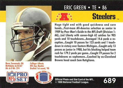 Football card of Eric Green, Pittsburgh Steelers tight end in white helmet