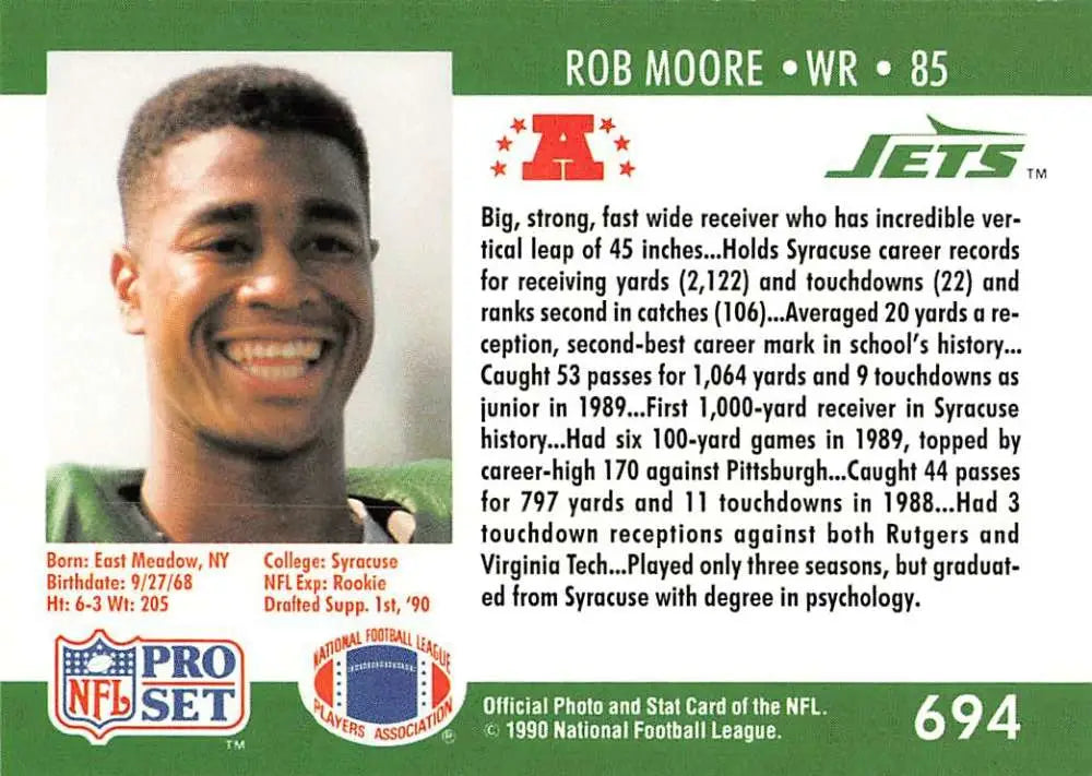 NFL trading card of Rob Moore, New York Jets wide receiver #85 with stats