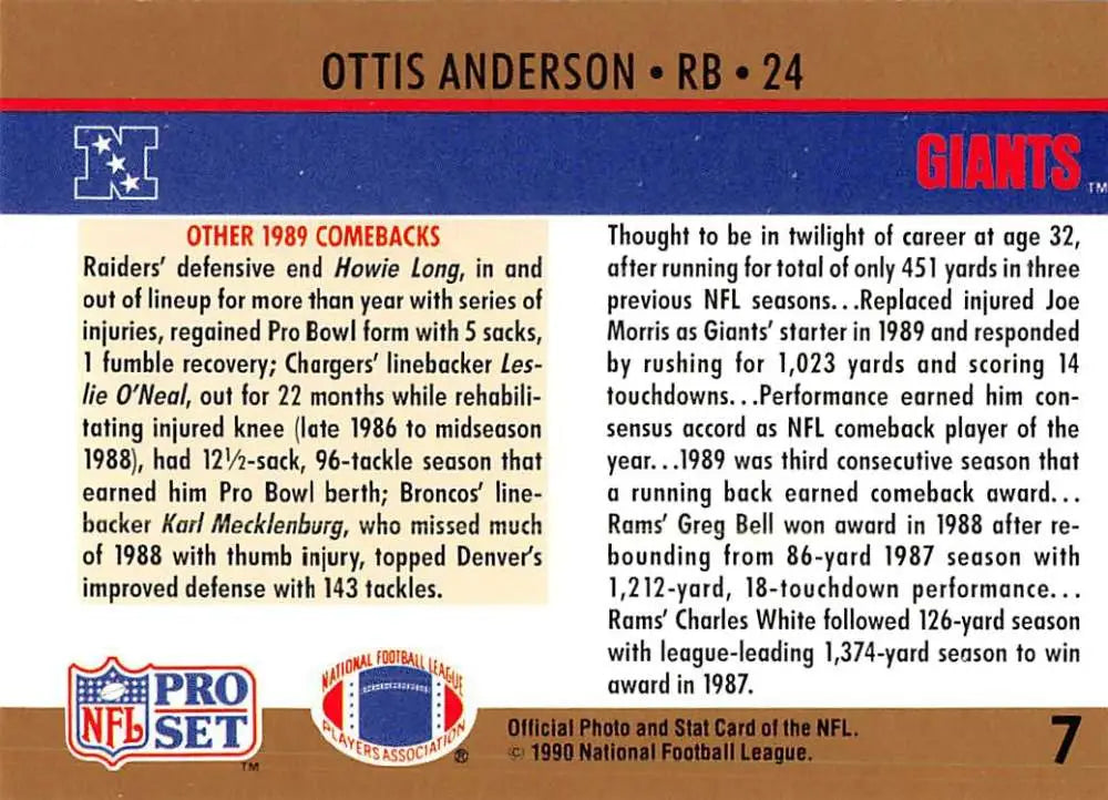 Back of 1990 Pro Set #7 Ottis Anderson football card with player stats for New York Giants