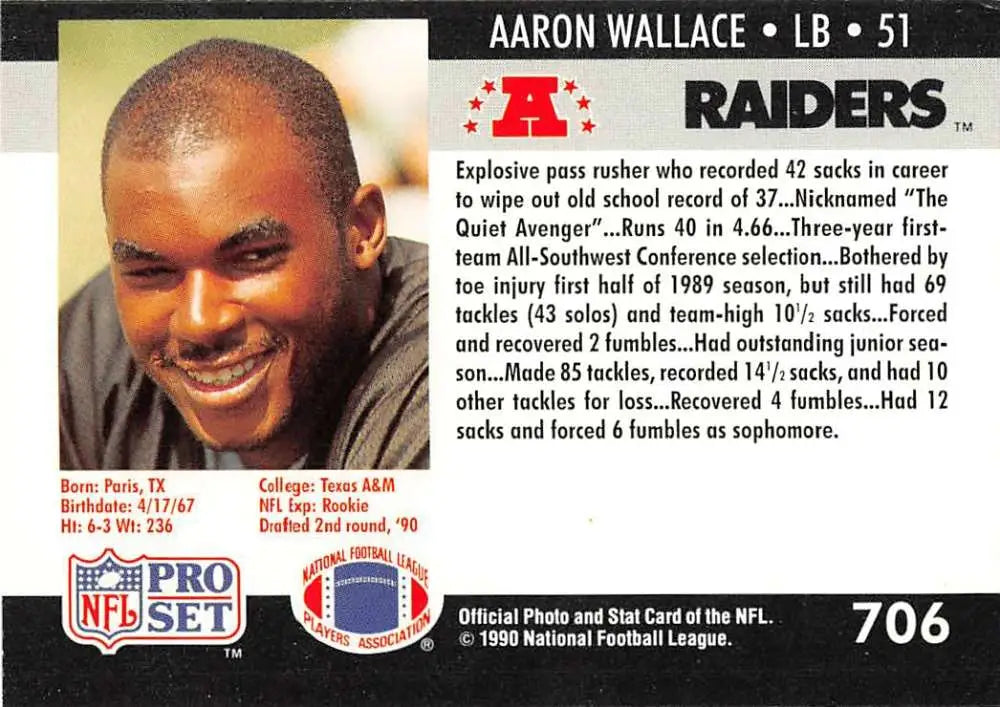 NFL Trading Card of Aaron Wallace from the 1990 Pro Set Los Angeles Raiders collection